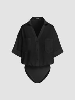 Cider - Black Collar Solid Short Sleeve Blouse Bodysuit