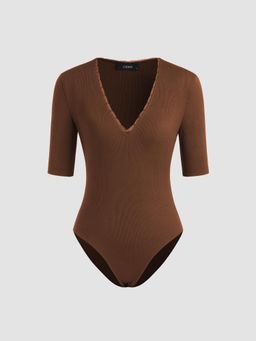 Cider - Brown Knit V-Neck Solid Lace Bodysuit
