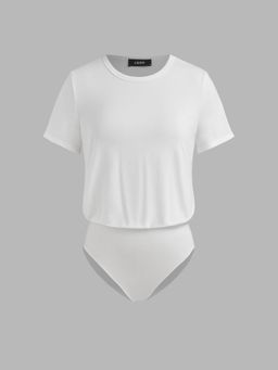 Cider - White Round Neck Solid Short Sleeve Bodysuit