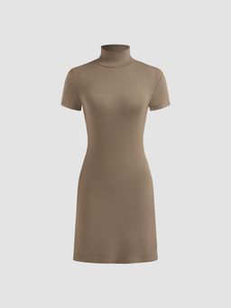Cider - Brown Knit High Neck Solid Mini Dress