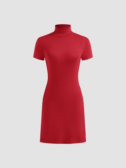 Cider - Red Knit High Neck Solid Mini Dress