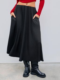 Cider - Black Elastic Waist Solid Ruffle Maxi Skirt