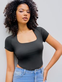 Cider - Black Square Neck Solid Short Sleeve Crop Top