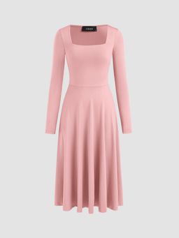 Cider - Pink Square Neck Solid Ruffle Midi Dress