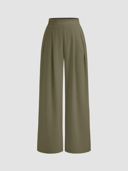 Cider - Green Elastic Waist Solid Pleated Wide Leg Trouser