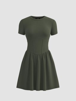 Cider - Green Round Neck Solid Corset Ruffle Knitted Mini Dress