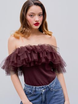 Cider - Burgundy Ruffle Tulle Off-Shoulder Bodysuit