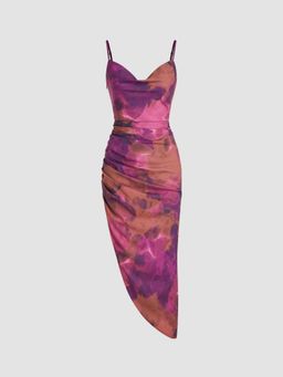 Cider - Purple Sweetheart Gradient Asymmetrical Ruched Midi Dress