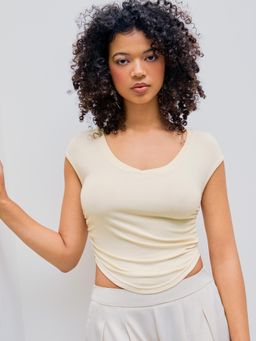Cider - Beige Solid Ruched Short Sleeve Top