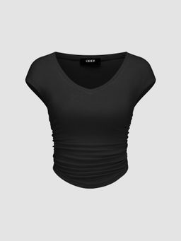 Cider - Black Solid Ruched Short Sleeve Top