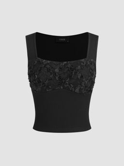 Cider - Black Rib Knit Rose Lace Crop Top
