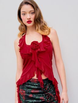 Cider - Red Mesh Halter Neck Rosette Ruffle Hem Top