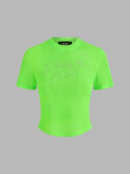 Cider - Green Mesh Round Neck Letter See Through Short Sleeve Top