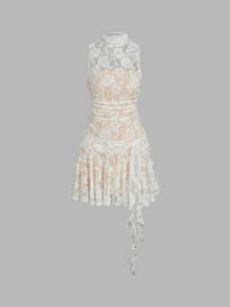 Cider - White Floral Lace High Neck Ruffle Hem Mini Dress