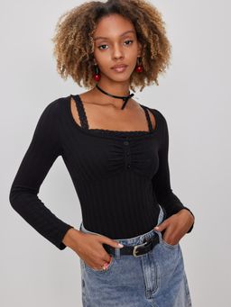 Cider - Black Square Neck Lace Button Bodysuit