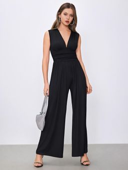 Cider - Black V-Neck Ruched Solid Wide Leg Jumpsuit