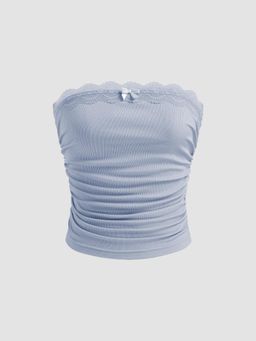 Cider - Blue Solid Ruched Tube Crop Top