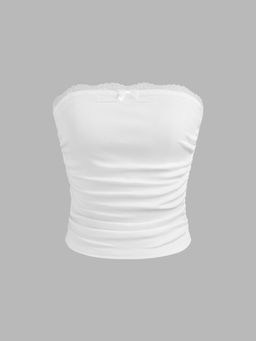 Cider - White Solid Ruched Tube Crop Top