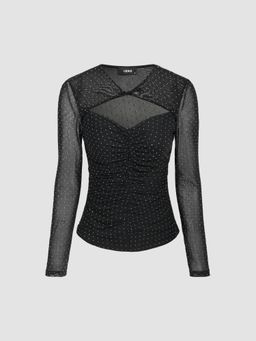 Cider - Black Mesh Polka Dot Cut Out Top