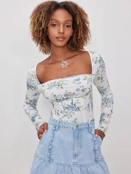Cider - Blue Square Neck Floral Ruched Corset Bodysuit