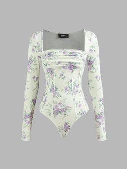 Cider - Purple Square Neck Floral Ruched Corset Bodysuit
