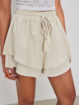 Cider - White Woven High Rise Lace Up Ruffle Hem Shorts