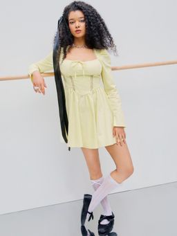 Cider - Yellow Square Neck Ruffle Hem Mini Dress