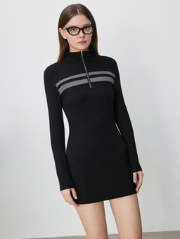 Cider - Black High Neck Zipper Stripes Mini Dress