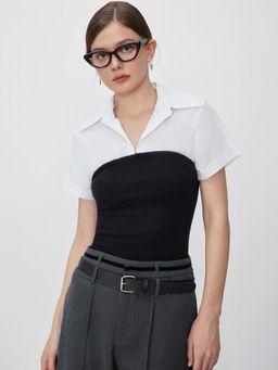 Cider - Black Collar Two Tone Patchy Short Sleeve Top