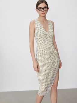 Cider - Beige Polka Dots Asymmetrical Hem Spot Midi Dress