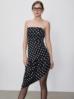 Cider - Black Polka Dots Asymmetrical Hem Ruched Tube Midi Dress
