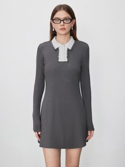 Cider - Grey Polo Solid Lettuce Trim Mini Dress