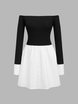 Cider - Black Off-Shoulder Two Tone Ruffle Mini Dress