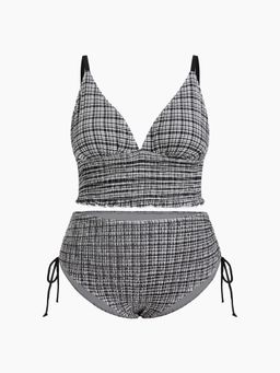 Cider - V-neck Tartan Shirred Triangle Drawstring Bikini Top and Bottom Curve & Plus (Set of 2)