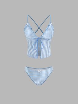 Cider - V-neck Gingham Bowknot Lettuce Trim Tankini Bikini Top and Bottom (Set of 2)