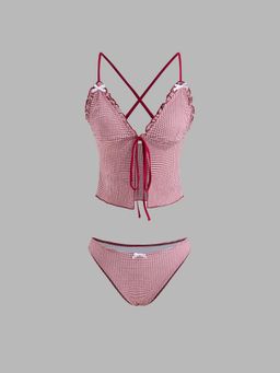 Cider - V-neck Gingham Bowknot Lettuce Trim Tankini Bikini Top and Bottom (Set of 2)