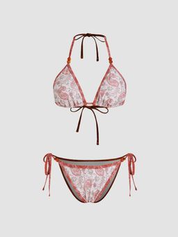 Cider - V-neck Paisley Beaded Detail Triangle Bikini Top and Bottom (Set of 2)