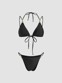 Cider - V-neck Beaded Triangle Cheeky Bikini Top and Bottom (Set of 2)