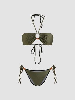 Cider - Halter Neckline O-Ring Beaded Cheeky Bikini Top and Bottom (Set of 2)