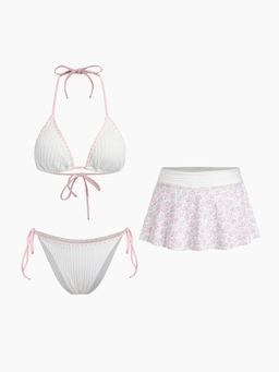 Cider - Rib Contrasting Binding Triangle Bikini Top and Bottom & Floral Cover Up Skirt