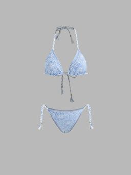 Cider - Halter Neckline Floral Beaded Triangle Tie Side Bikini Top and Bottom (Set of 2)