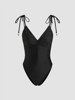Cider - V-neck Beaded Bowknot One Piece Swimsuit