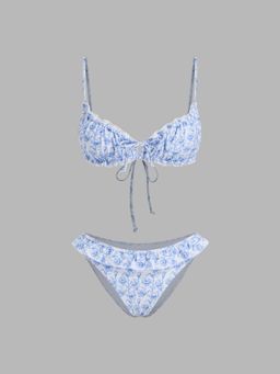 Cider - V-neck Floral Lettuce Trim Bracelet Cheeky Bikini Top and Bottom (Set of 2)