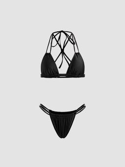Cider - V-neck Criss Cross Triangle Cheeky Bikini Top and Bottom (Set of 2)