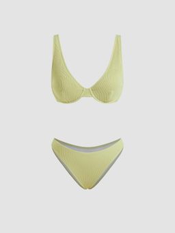 Cider - Ribbed V-neck Underwire Cheeky Bikini Top and Bottom (Set of 2)