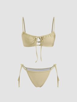 Cider - Square Neck Drawstring Cut Out Bracelet Cheeky Bikini Top and Bottom (Set of 2)