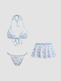 Cider - V-neck Floral Bowknot Halter Bikini Top and Bottom & Cover Up Skirt