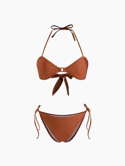 Cider - Sweetheart O-Ring Bowknot Halter Tie Side Bikini Top and Bottom (Set of 2)