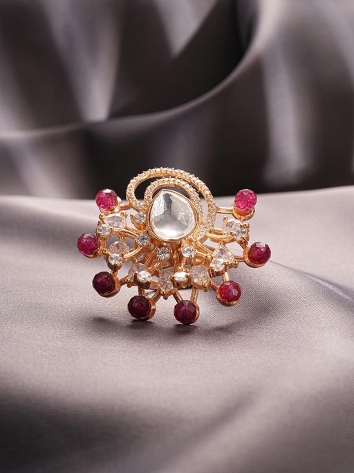 Saraf RS Jewellery Gold Plated Kundan Red Beads Studded Floral Adjustable Cocktail Finger Ring