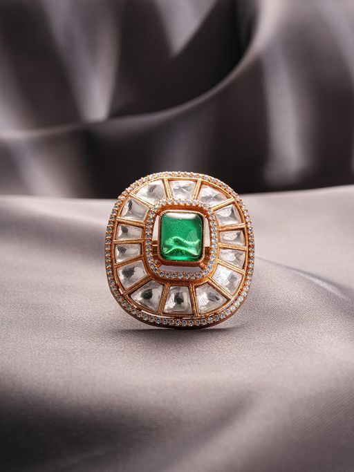 Saraf RS Jewellery Gold Plated Green Emerald Kundan Studded Adjustable Finger Ring